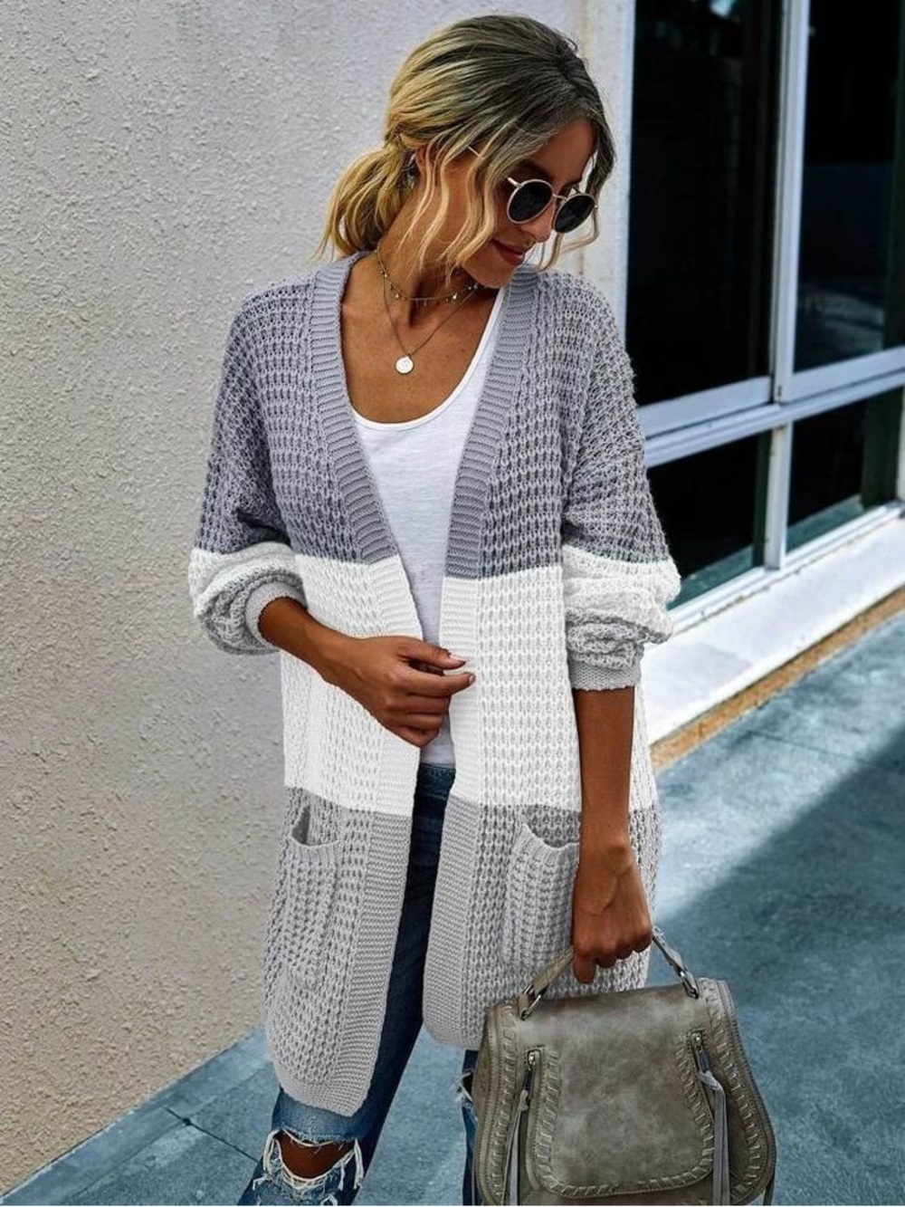 Fantastic Fawn Gray White Colorblock Open Knit Cardigan Sweater Size Large